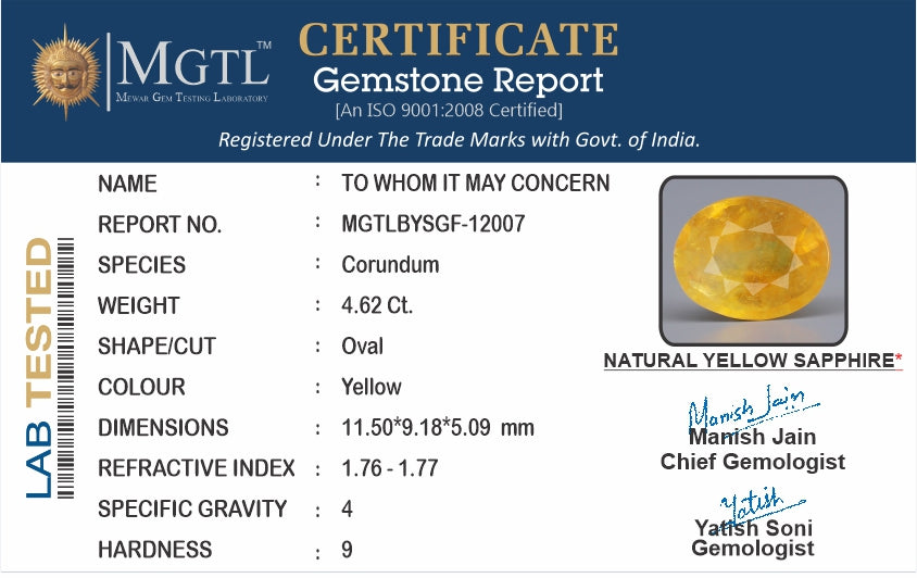 Yellow Sapphire - 4.62 Carats (Pukhraj - 5.04 Ratti)