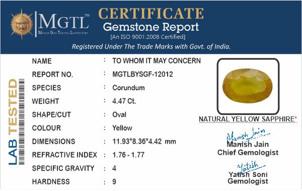 Yellow Sapphire - 4.47 Carats (Pukhraj - 4.87 Ratti)