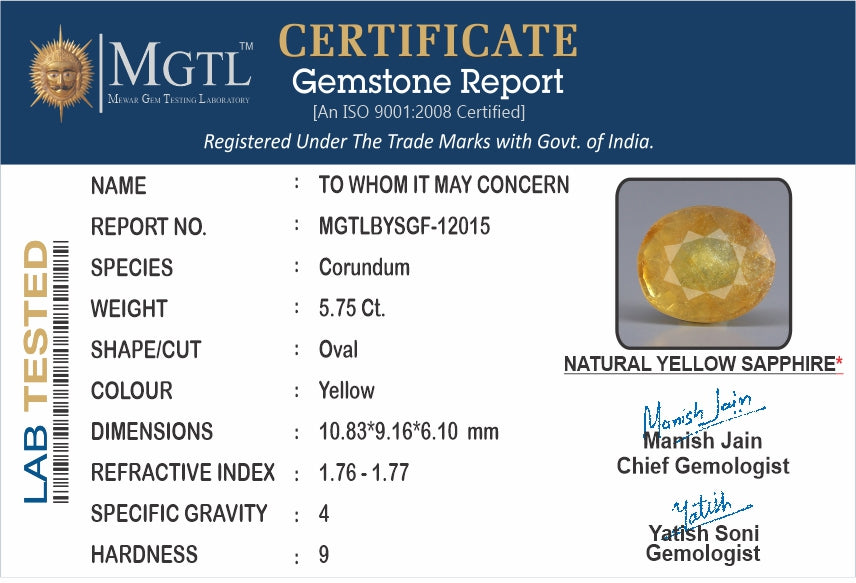 Yellow Sapphire - 5.75 Carats (Pukhraj - 6.27 Ratti)