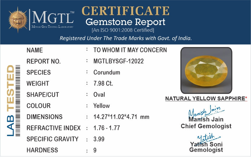 Yellow Sapphire - 7.98 Carats (Pukhraj - 8.70 Ratti)