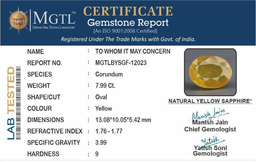 Yellow Sapphire - 7.99 Carats (Pukhraj - 8.71 Ratti)