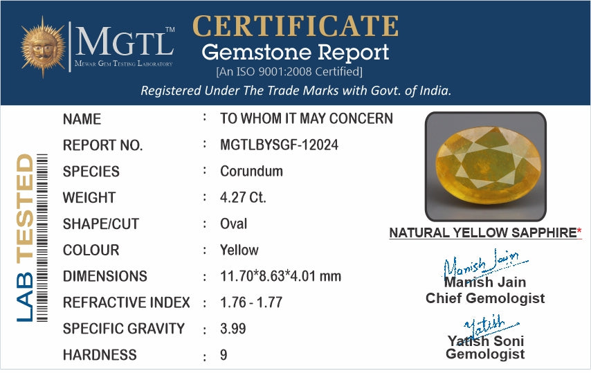 Yellow Sapphire (Pukhraj) - 4.27 Carats