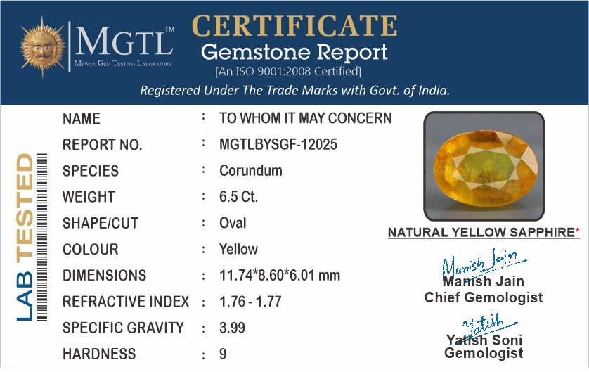 Yellow Sapphire - 6.50 Carats (Pukhraj - 7.09 Ratti)