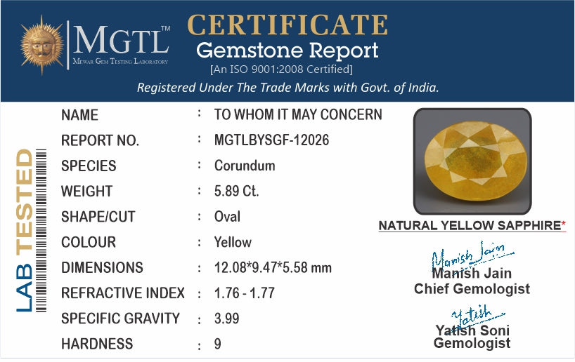 Yellow Sapphire - 5.89 Carats (Pukhraj - 6.42 Ratti)