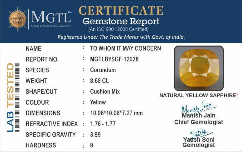 Yellow Sapphire - 8.68 Carats (Pukhraj - 9.46 Ratti)