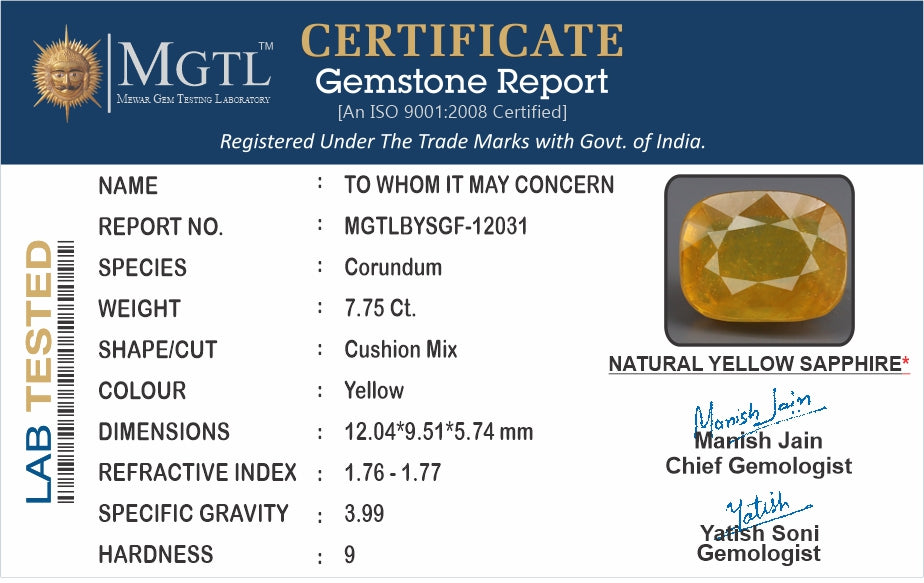 Yellow Sapphire - 7.75 Carats (Pukhraj - 8.45 Ratti)