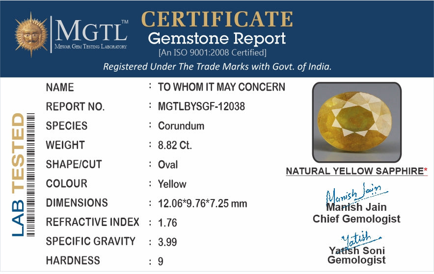 Yellow Sapphire - 8.82 Carats (Pukhraj - 9.61 Ratti)