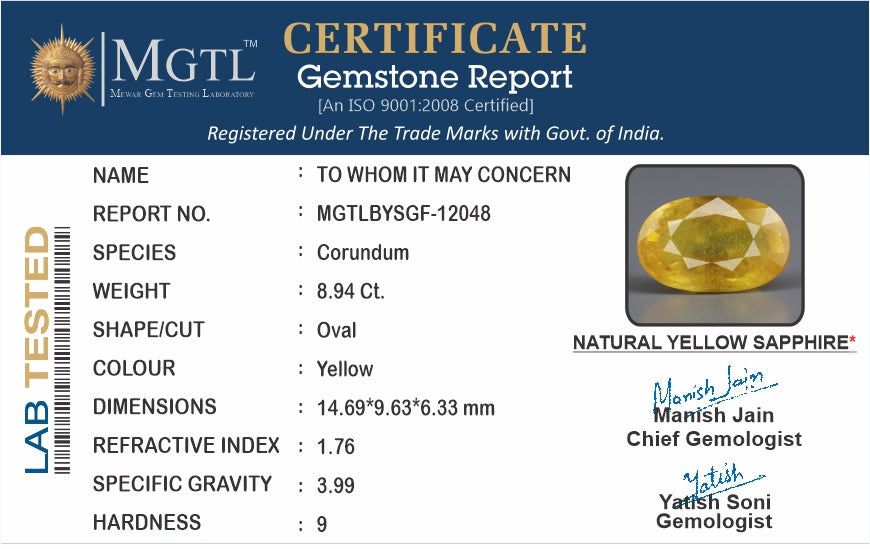 Yellow Sapphire - 8.94 Carats (Pukhraj - 9.74 Ratti)