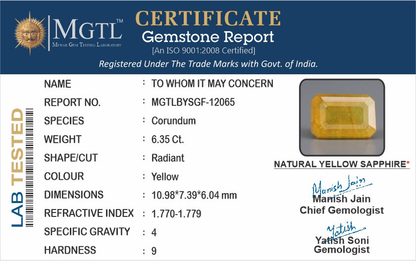 Yellow Sapphire - 6.35 Carats (Pukhraj - 6.92 Ratti)