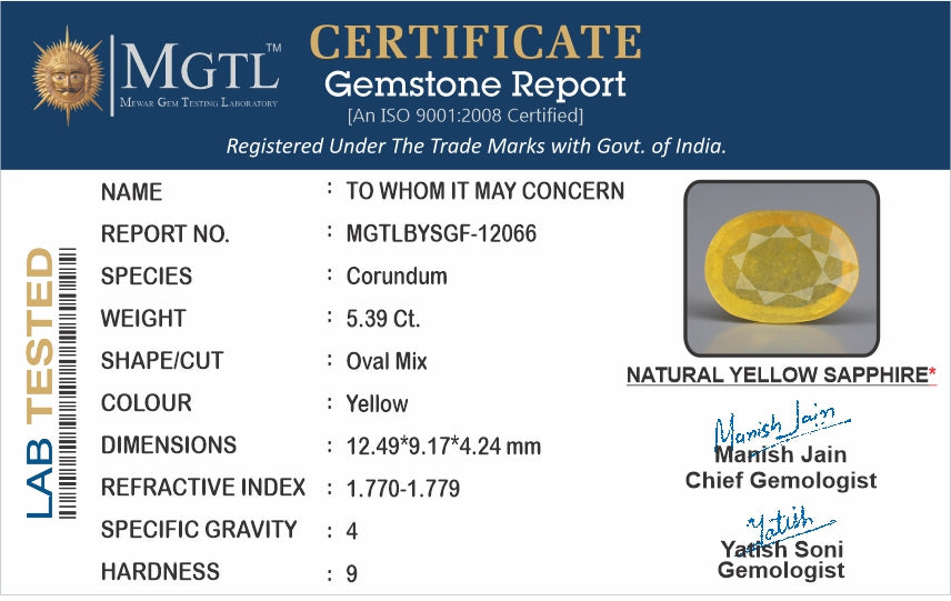 Yellow Sapphire - 5.39 Carats (Pukhraj - 5.88 Ratti)