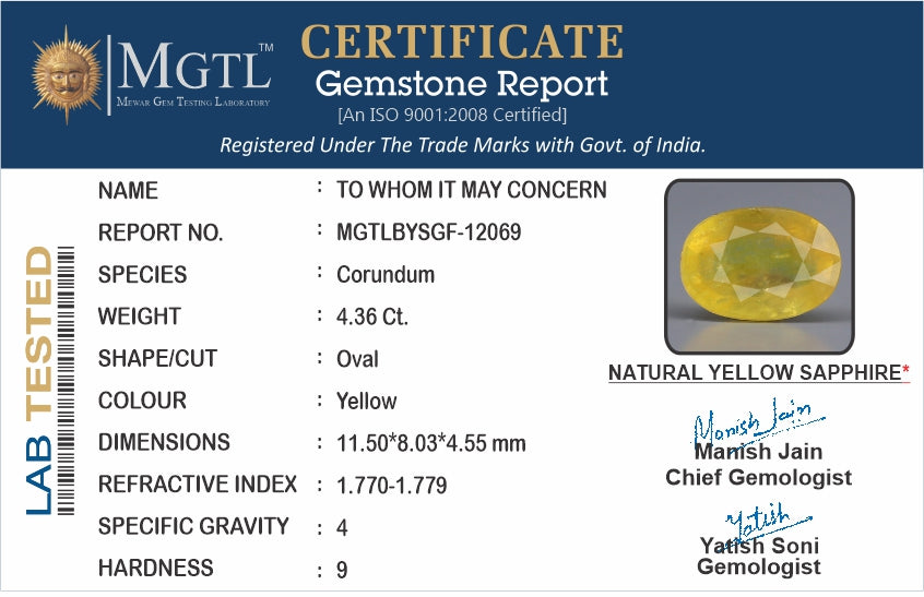 Yellow Sapphire - 4.36 Carats (Pukhraj - 4.75 Ratti)