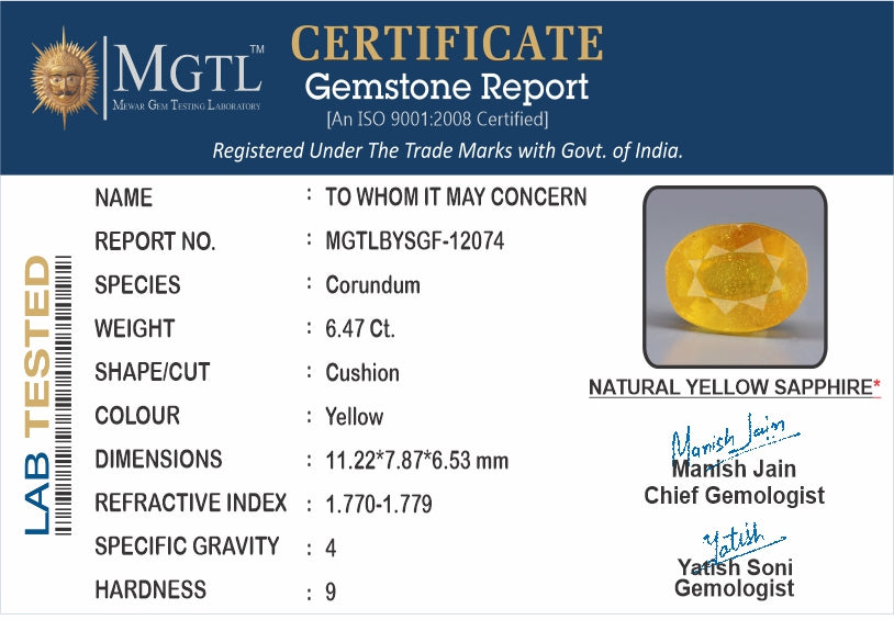 Yellow Sapphire (Pukhraj) - 6.47 Carats