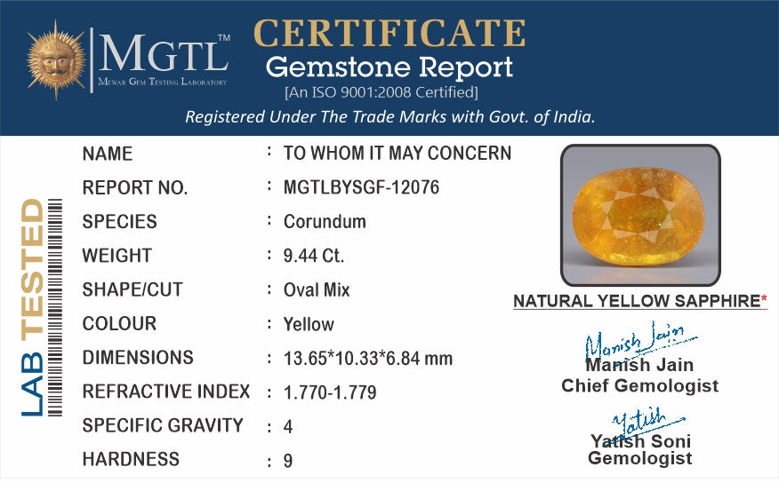 Yellow Sapphire - 9.44 Carats (Pukhraj - 10.29 Ratti)