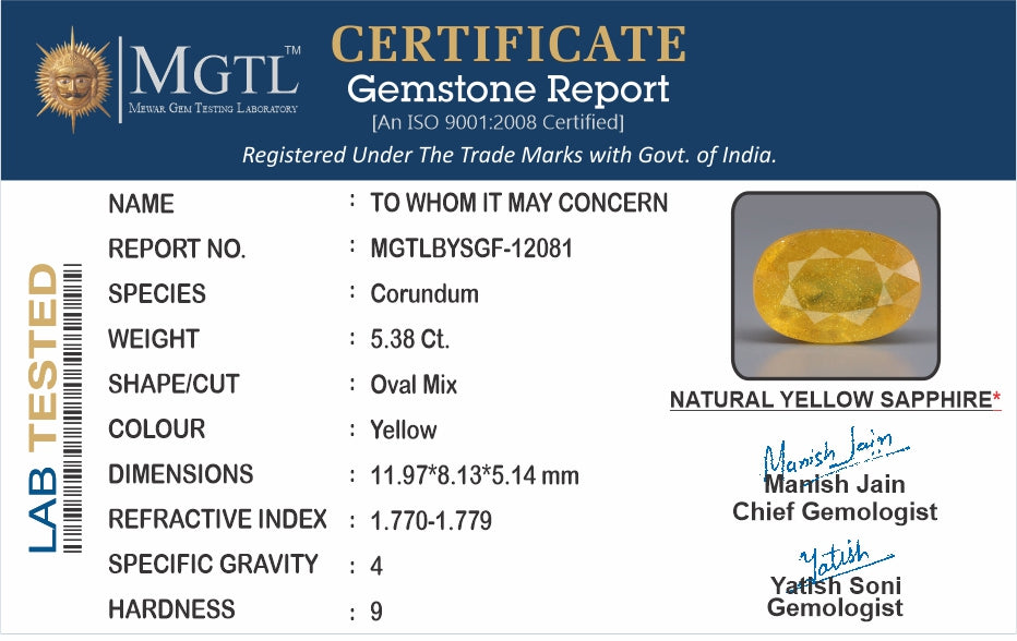 Yellow Sapphire - 5.38 Carats (Pukhraj - 5.86 Ratti)