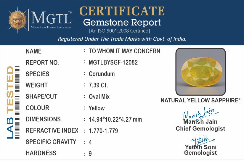 Yellow Sapphire - 7.39 Carats (Pukhraj - 8.06 Ratti)