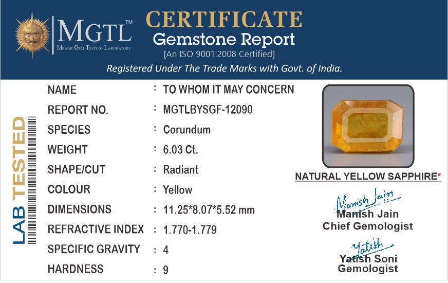 Yellow Sapphire - 6.03 Carats (Pukhraj - 6.57 Ratti)