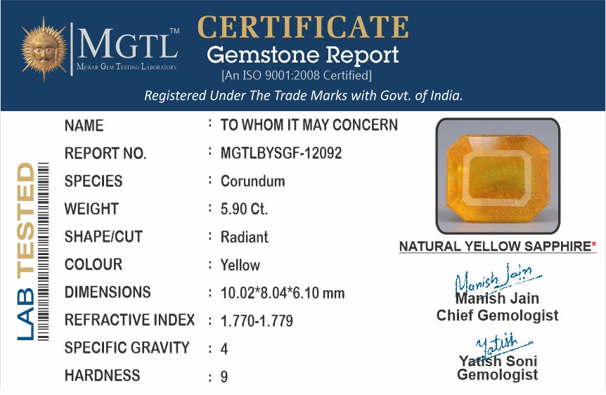 Yellow Sapphire - 5.90 Carats (Pukhraj - 6.43 Ratti)