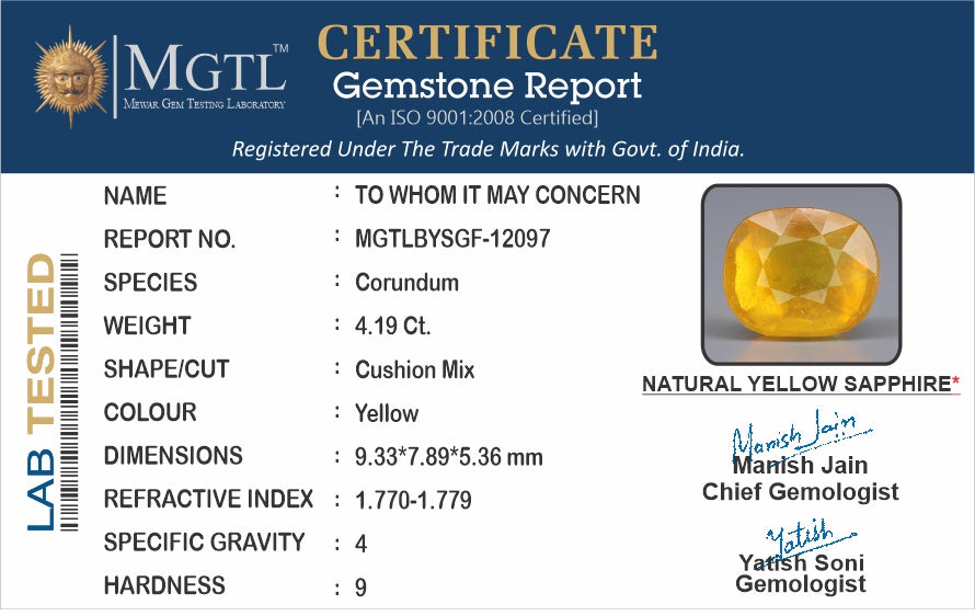 Yellow Sapphire (Pukhraj) - 4.19 Carats