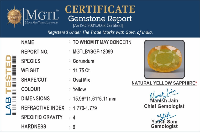 Yellow Sapphire - 11.75 Carats (Pukhraj - 12.81 Ratti)