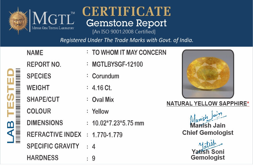 Yellow Sapphire - 4.16 Carats (Pukhraj - 4.53 Ratti)