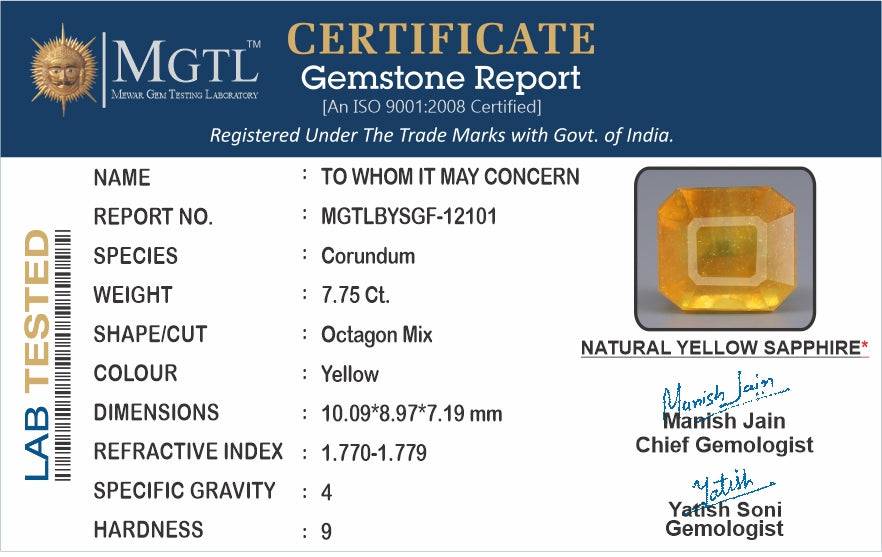 Yellow Sapphire - 7.75 Carats (Pukhraj - 8.45 Ratti)