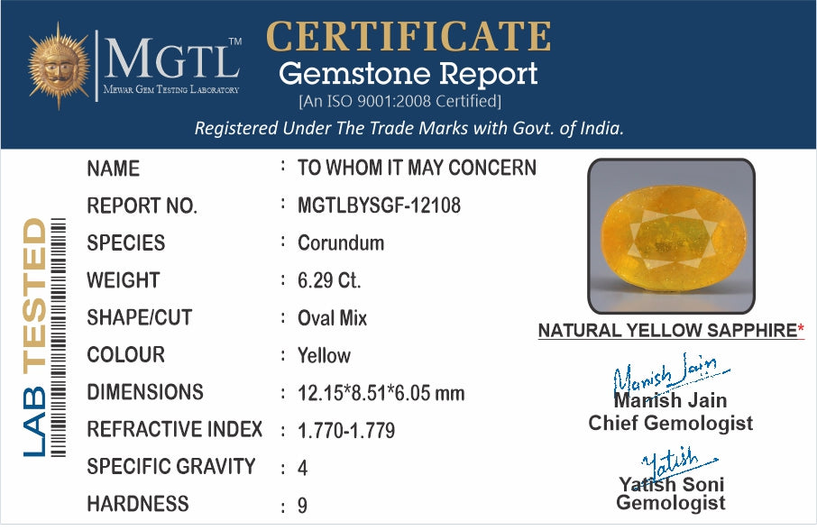Yellow Sapphire - 6.29 Carats (Pukhraj - 6.86 Ratti)