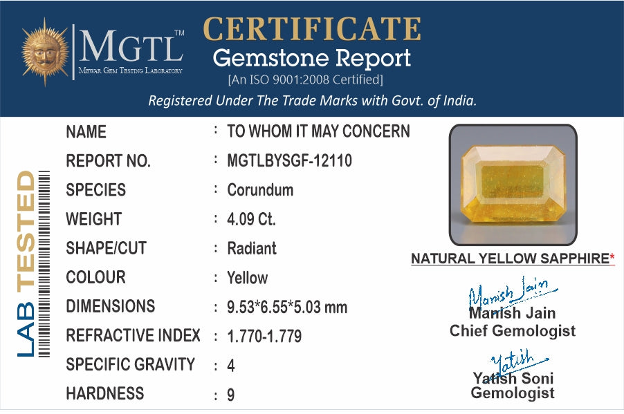 Yellow Sapphire - 4.09 Carats (Pukhraj - 4.46 Ratti)
