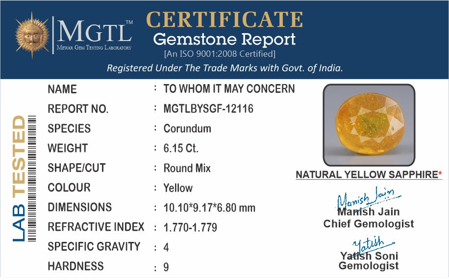 Yellow Sapphire - 6.15 Carats (Pukhraj - 6.70 Ratti)