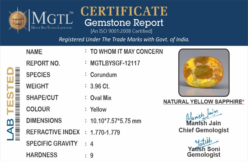 Yellow Sapphire - 3.96 Carats (Pukhraj - 4.32 Ratti)