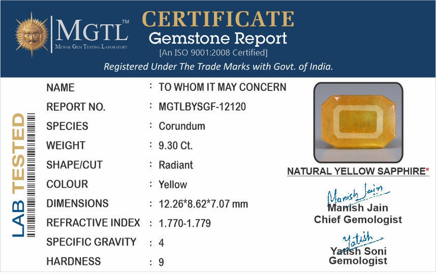 Yellow Sapphire - 9.30 Carats (Pukhraj - 10.14 Ratti)