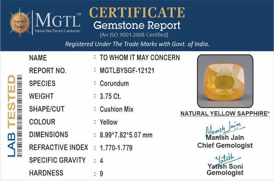 Yellow Sapphire - 3.75 Carats (Pukhraj - 4.09 Ratti)