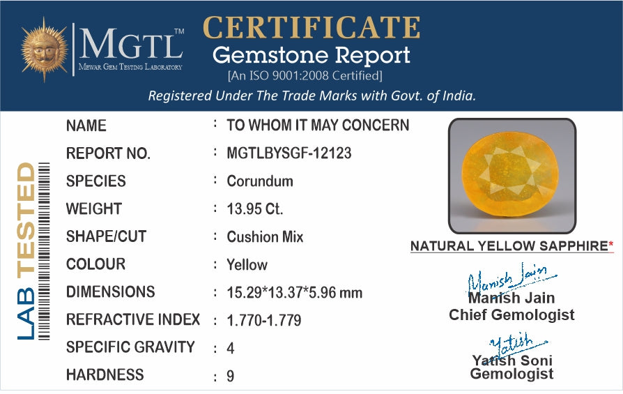 Yellow Sapphire - 13.95 Carats (Pukhraj - 15.21 Ratti)