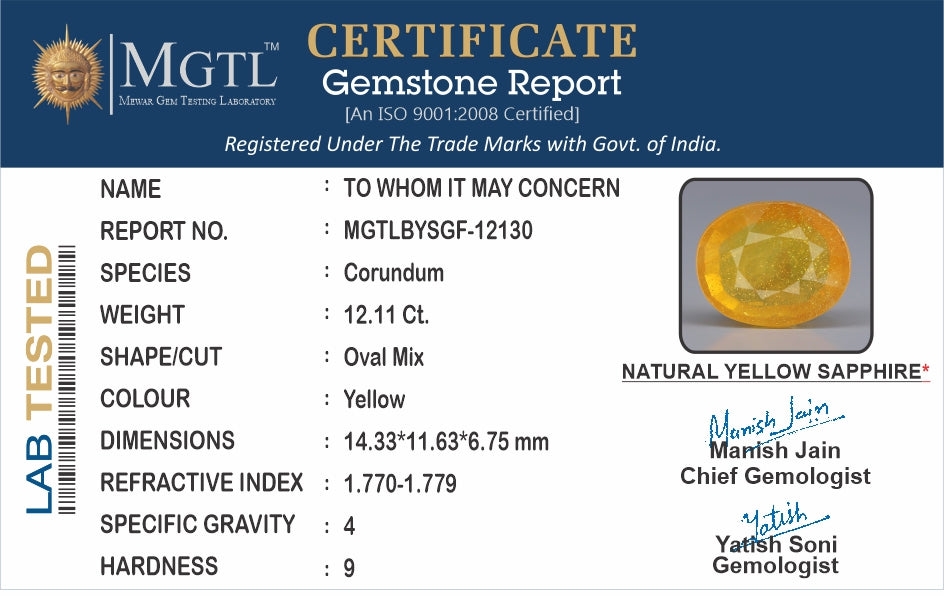Yellow Sapphire - 12.11 Carats (Pukhraj - 13.20 Ratti)