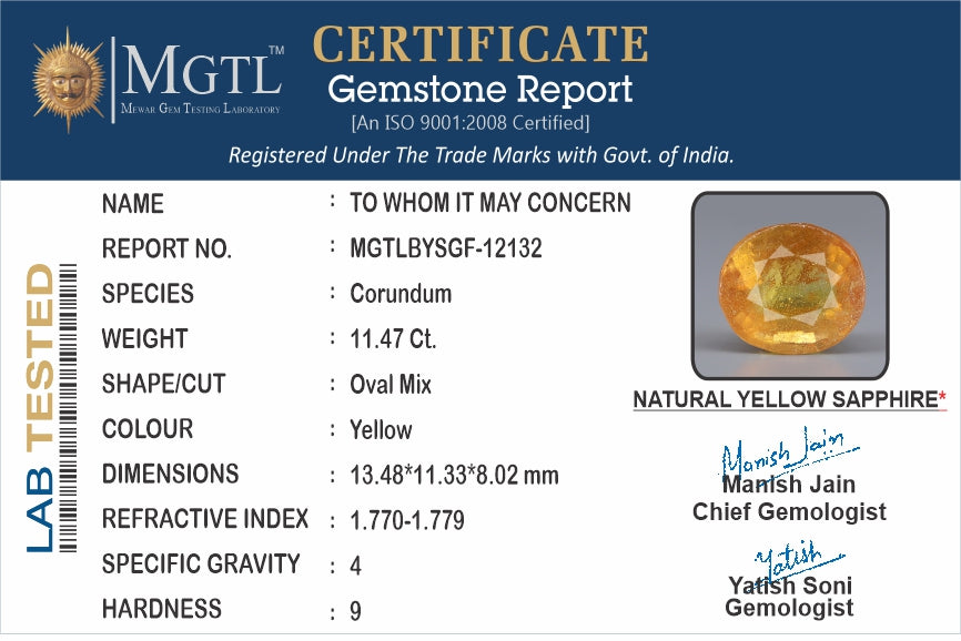 Yellow Sapphire (Pukhraj) - 11.47 Carats