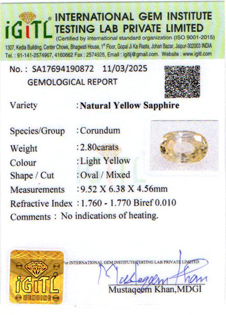 Yellow Sapphire - 2.8 Carats (Pukhraj - 3.05 Ratti)