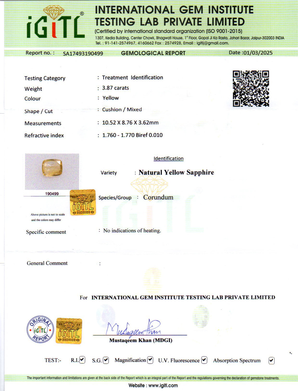 Yellow Sapphire - 3.87 Carats (Pukhraj - 4.22 Ratti)