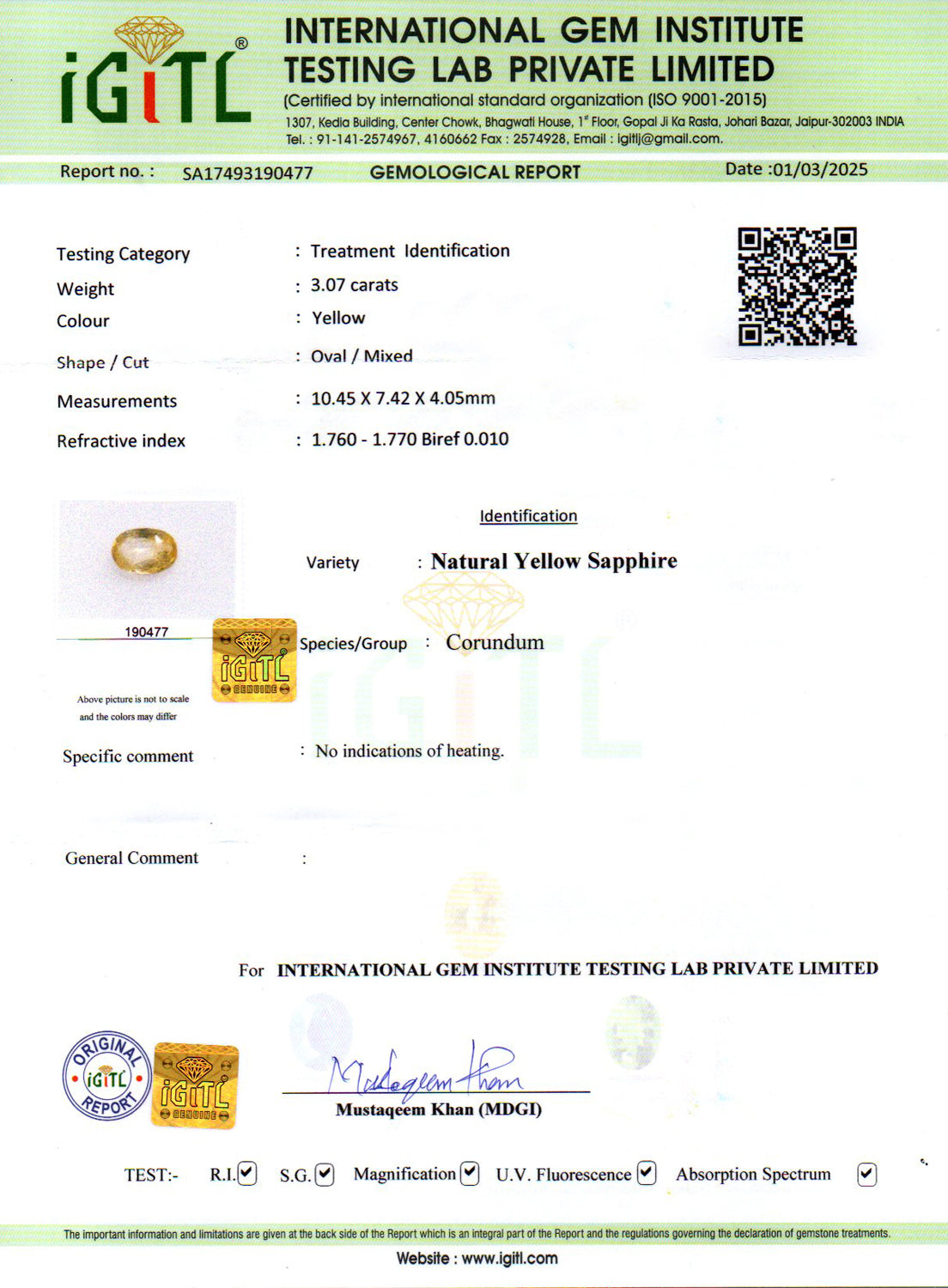 Yellow Sapphire - 3.07 Carats (Pukhraj - 3.35 Ratti)