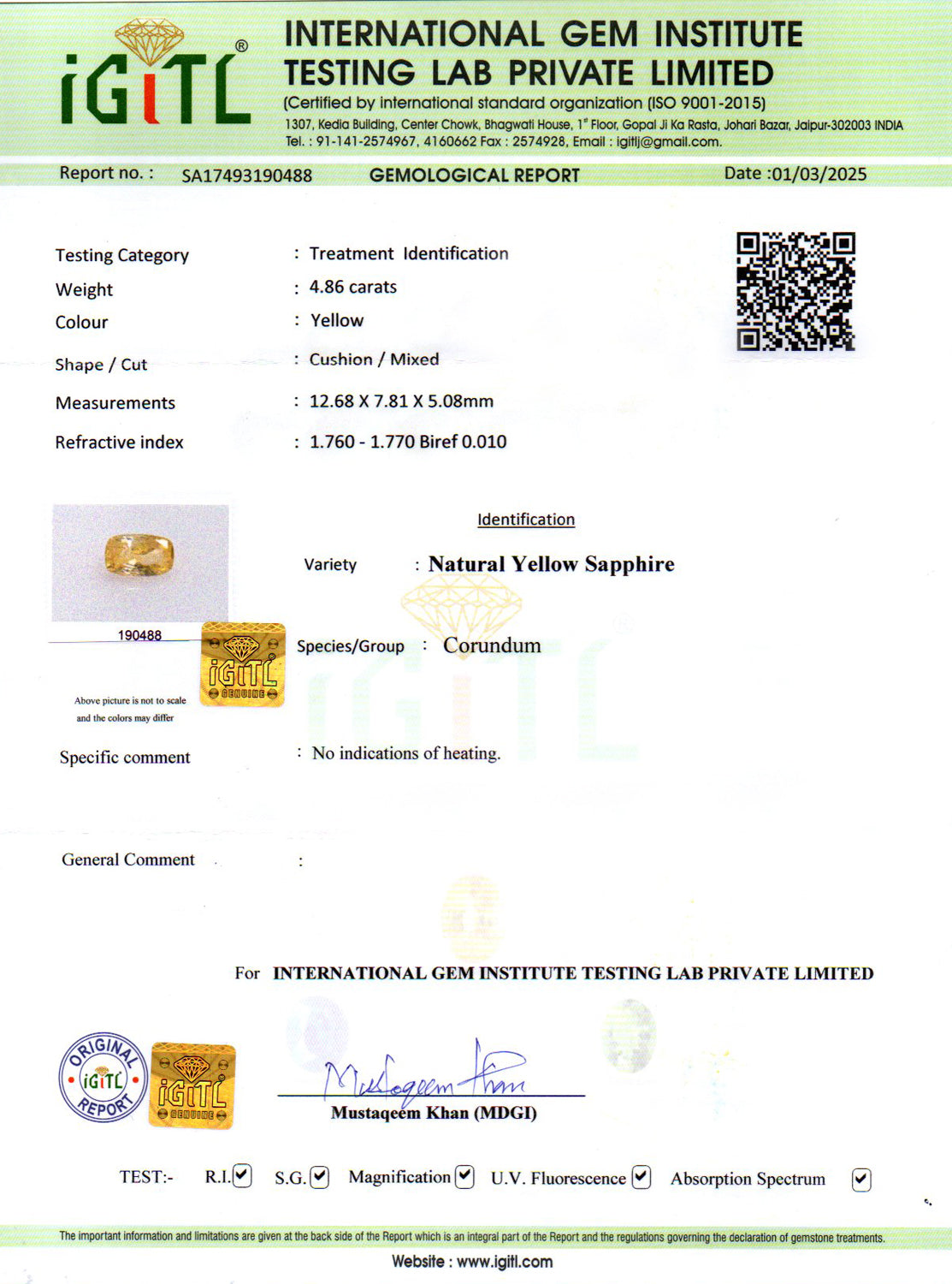 Yellow Sapphire - 4.86 Carats (Pukhraj - 5.30 Ratti)