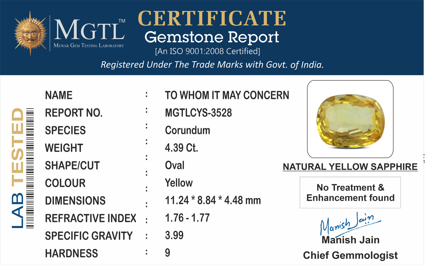 Yellow Sapphire - 4.39 Carats (Pukhraj - 4.79 Ratti)