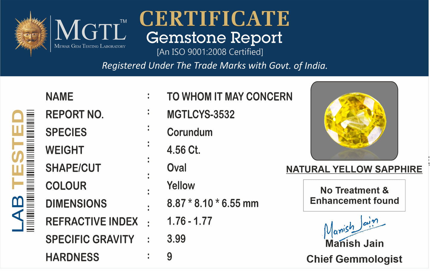 Yellow Sapphire - 4.56 Carats (Pukhraj - 4.97 Ratti)