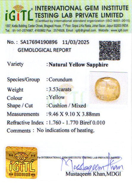 Yellow Sapphire - 3.53 Carats (Pukhraj - 3.85 Ratti)