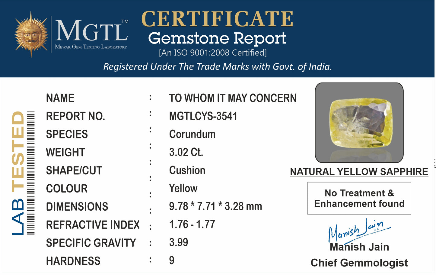 Yellow Sapphire - 3.02 Carats (Pukhraj - 3.29 Ratti)