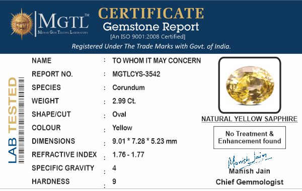 Yellow Sapphire (Pukhraj) - 2.99 Carats