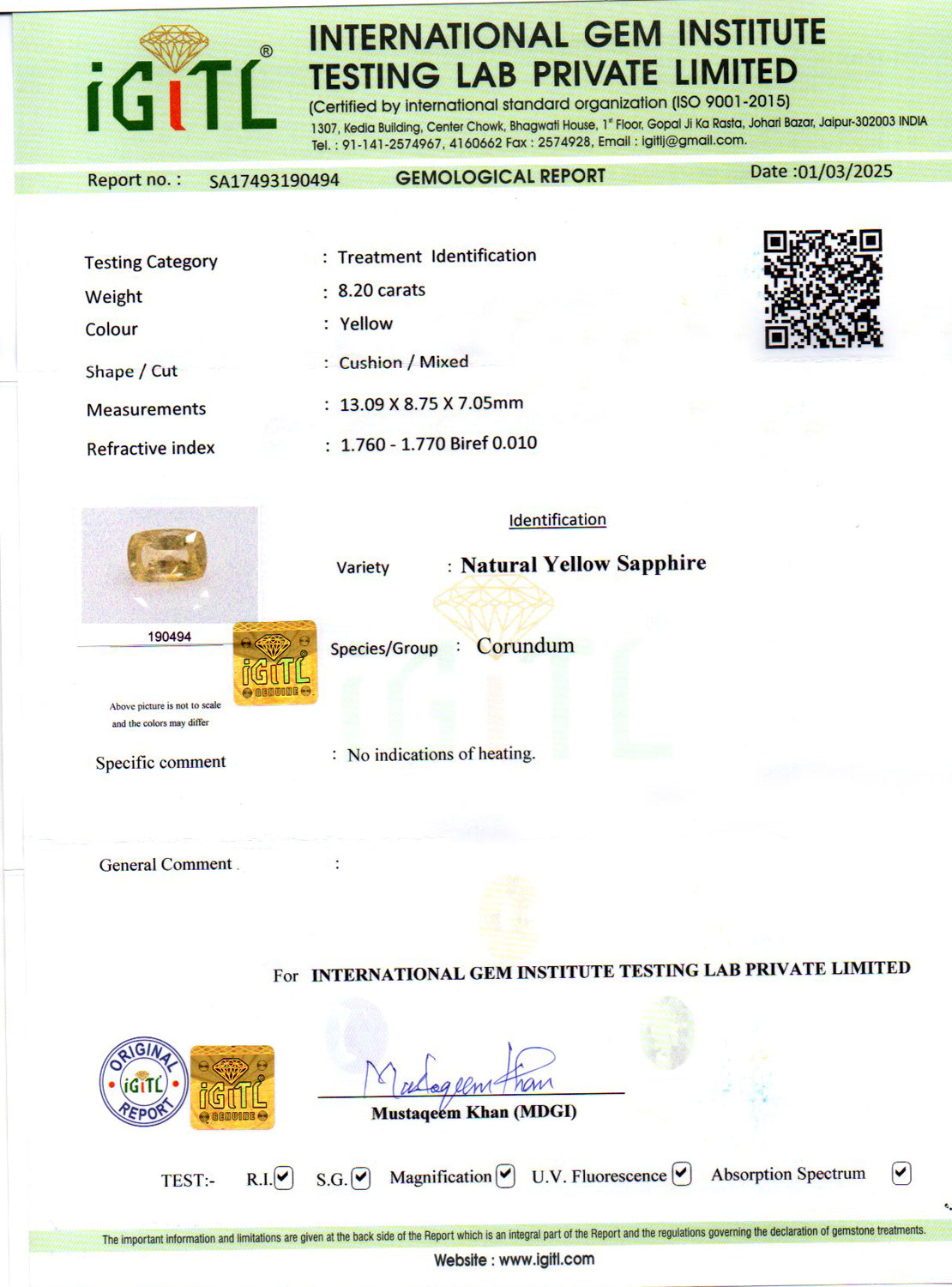 Yellow Sapphire - 8.20 Carats (Pukhraj - 8.94 Ratti)