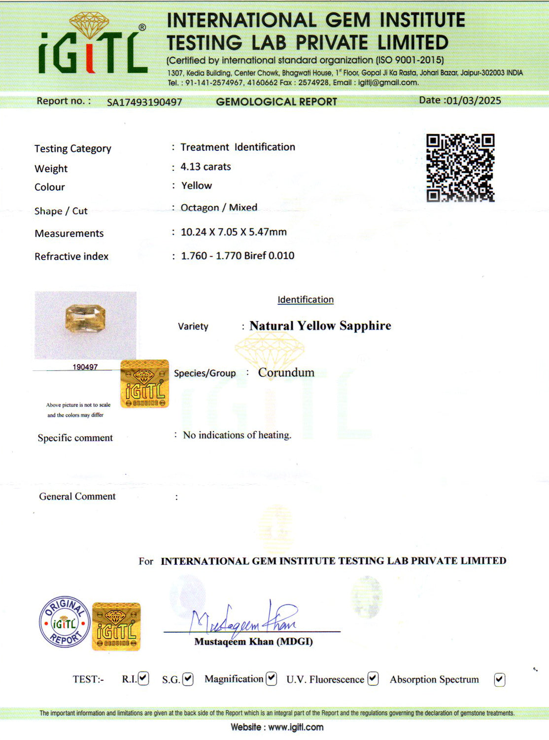 Yellow Sapphire - 4.13 Carats (Pukhraj - 4.50 Ratti)