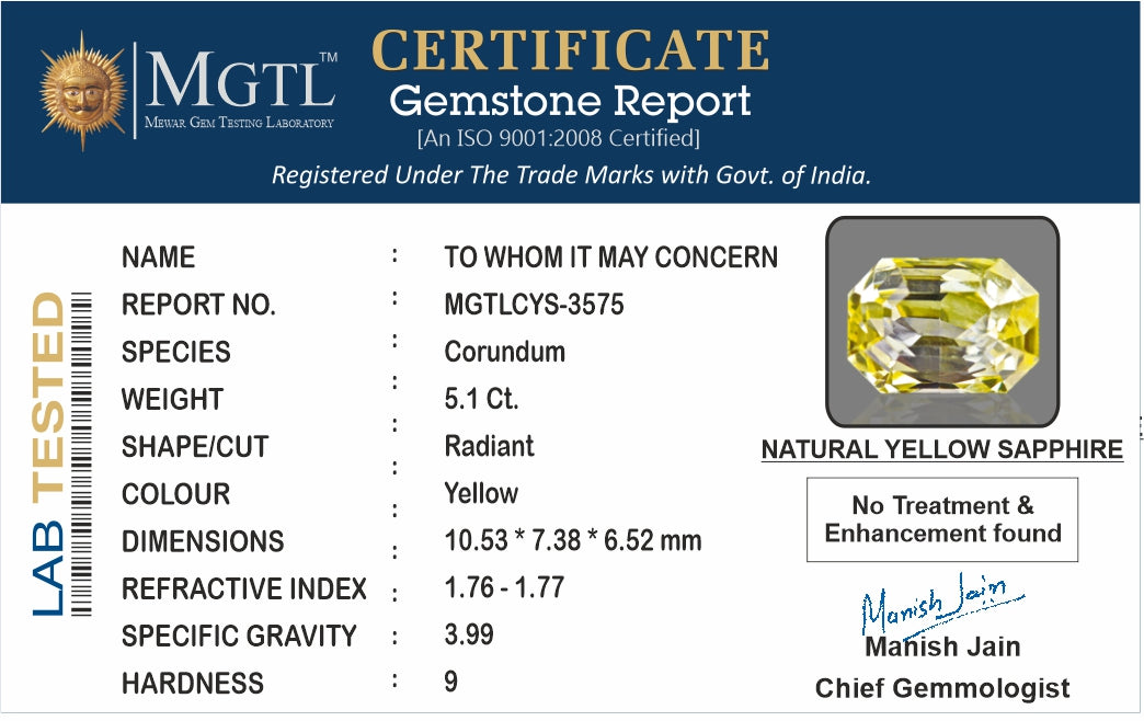 Yellow Sapphire - 5.10 Carats (Pukhraj - 5.56 Ratti)