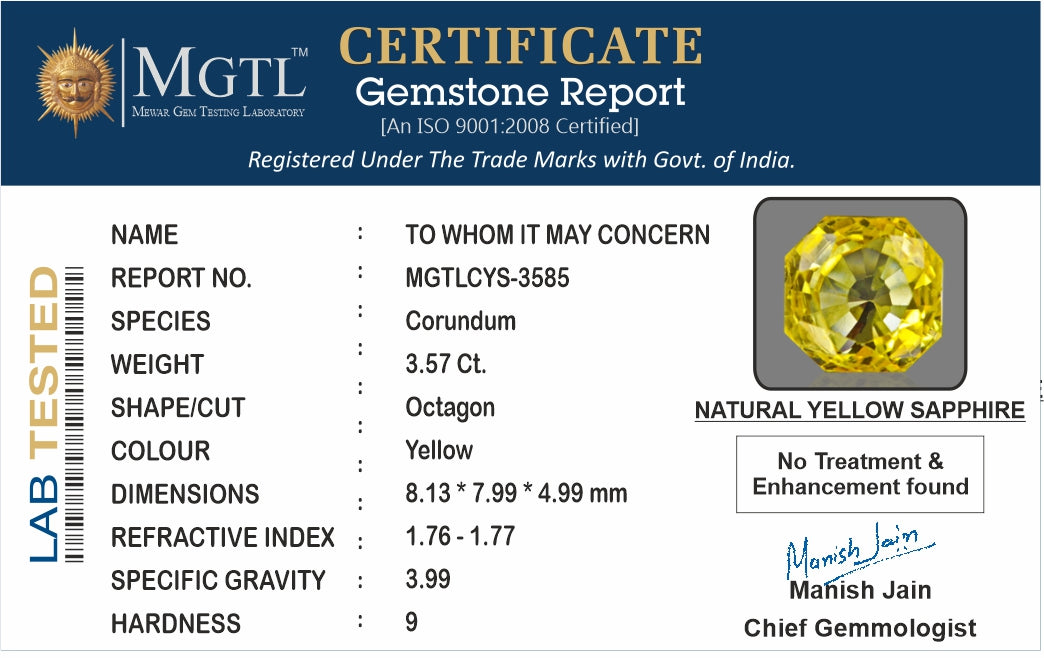Yellow Sapphire - 3.57 Carats (Pukhraj - 3.89 Ratti)