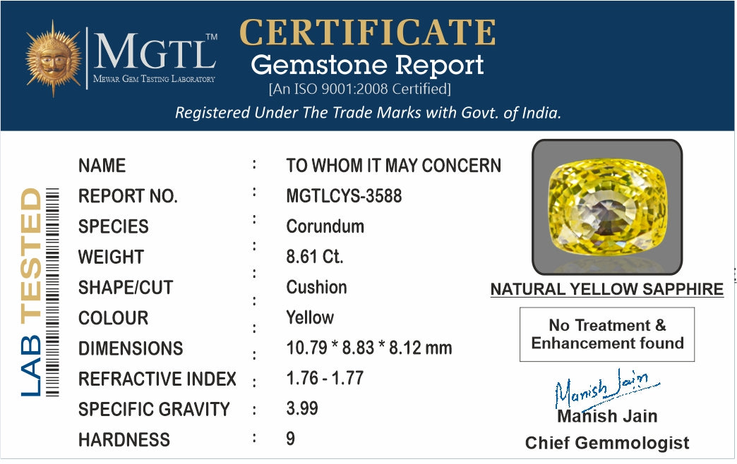 Yellow Sapphire - 8.61 Carats (Pukhraj - 9.38 Ratti)