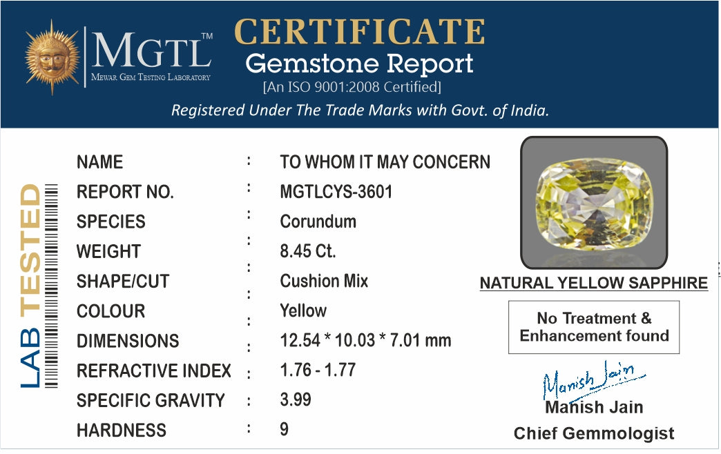 Yellow Sapphire - 8.45 Carats (Pukhraj - 9.21 Ratti)