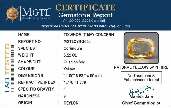 Yellow Sapphire - 5.52 Carats (Pukhraj - 6.02 Ratti)